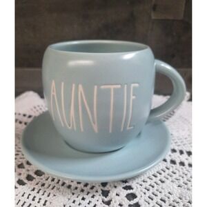 Rae Dunn Blue Auntie Coffee Cup Mug & Saucer Plate Artisan Collection By Magenta